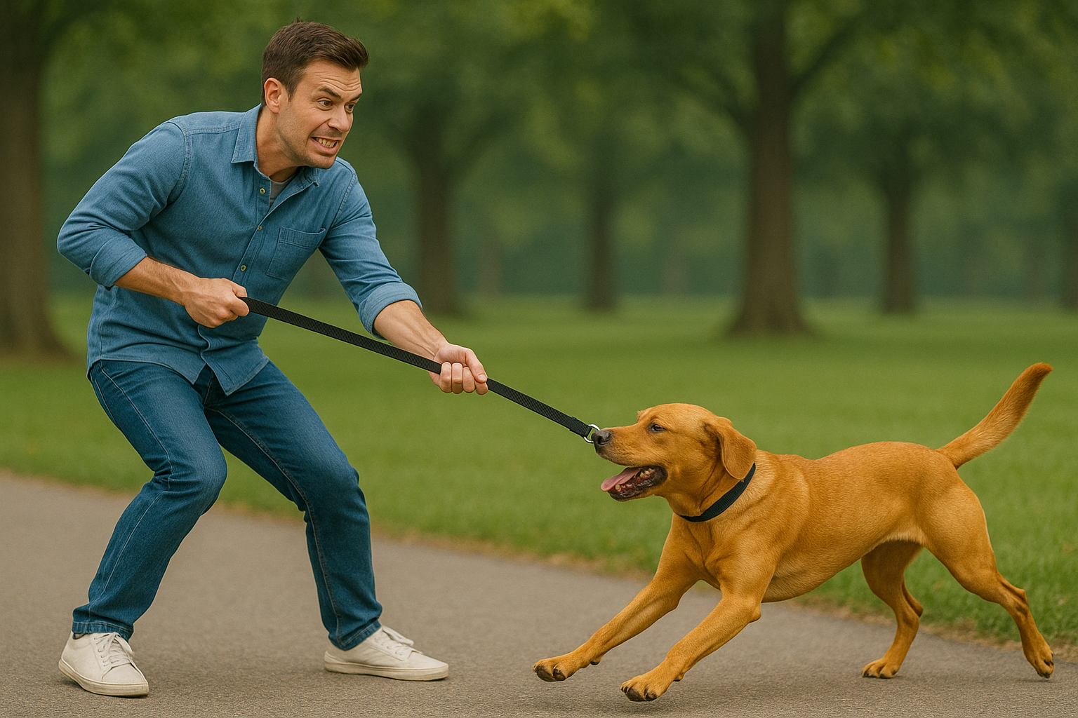 DOG PULLING ON LEASH MAN