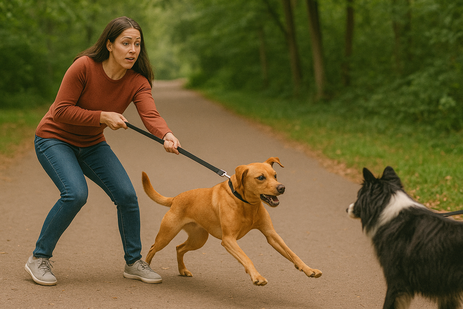 DOG PULLING ON LEASH WOMAN TOWARDS AN OTHER DOG 1